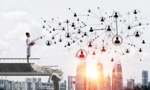 A woman at the brink of a broken bridge, interacting with connected icons of people to suggest innovative technology as a means of solving complicated funding roadblocks