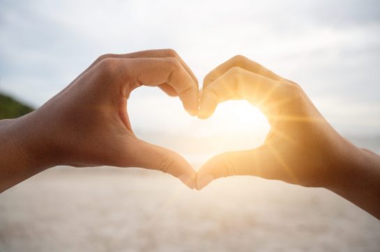 The hands of women and men are the heart shape with the sun ligh The hands of women and men are the heart shape with the sun light passing through the hands